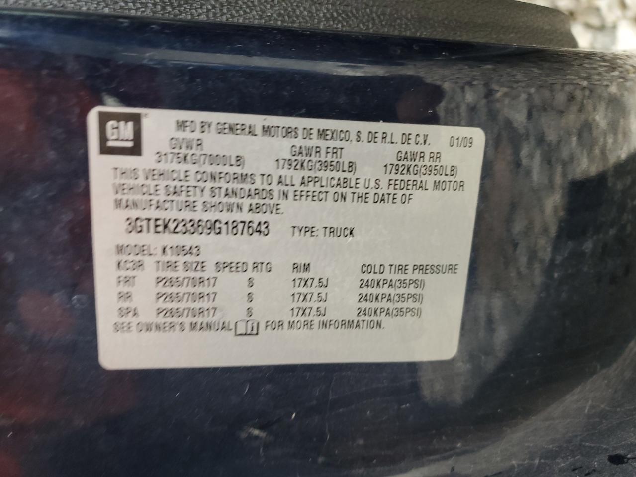 3GTEK23369G187643 2009 GMC Sierra K1500 Sle