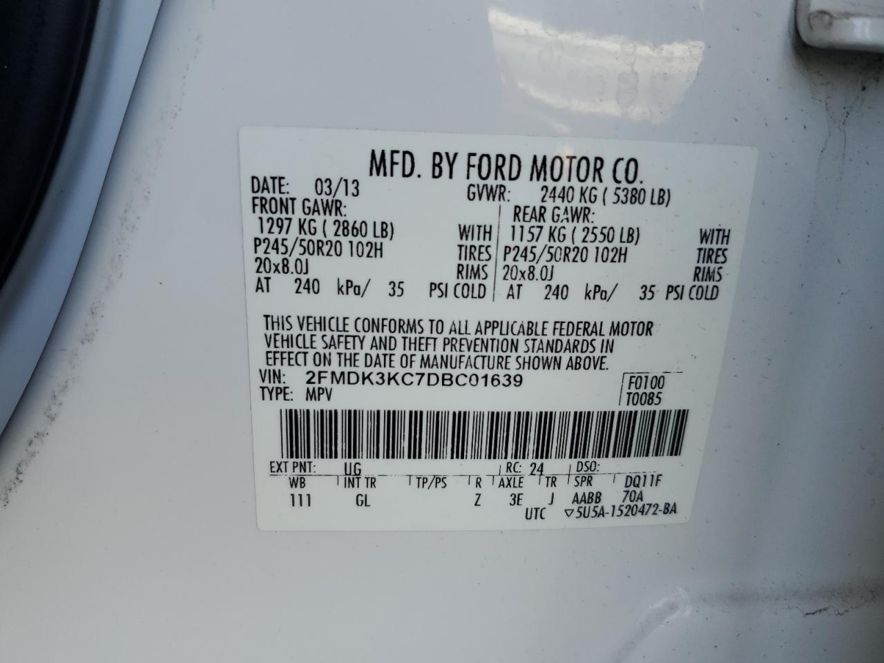 2FMDK3KC7DBC01639 2013 Ford Edge Limited