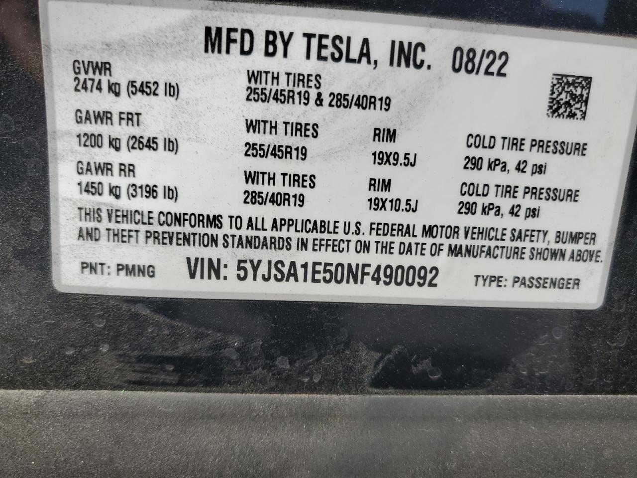 5YJSA1E50NF490092 2022 Tesla Model S