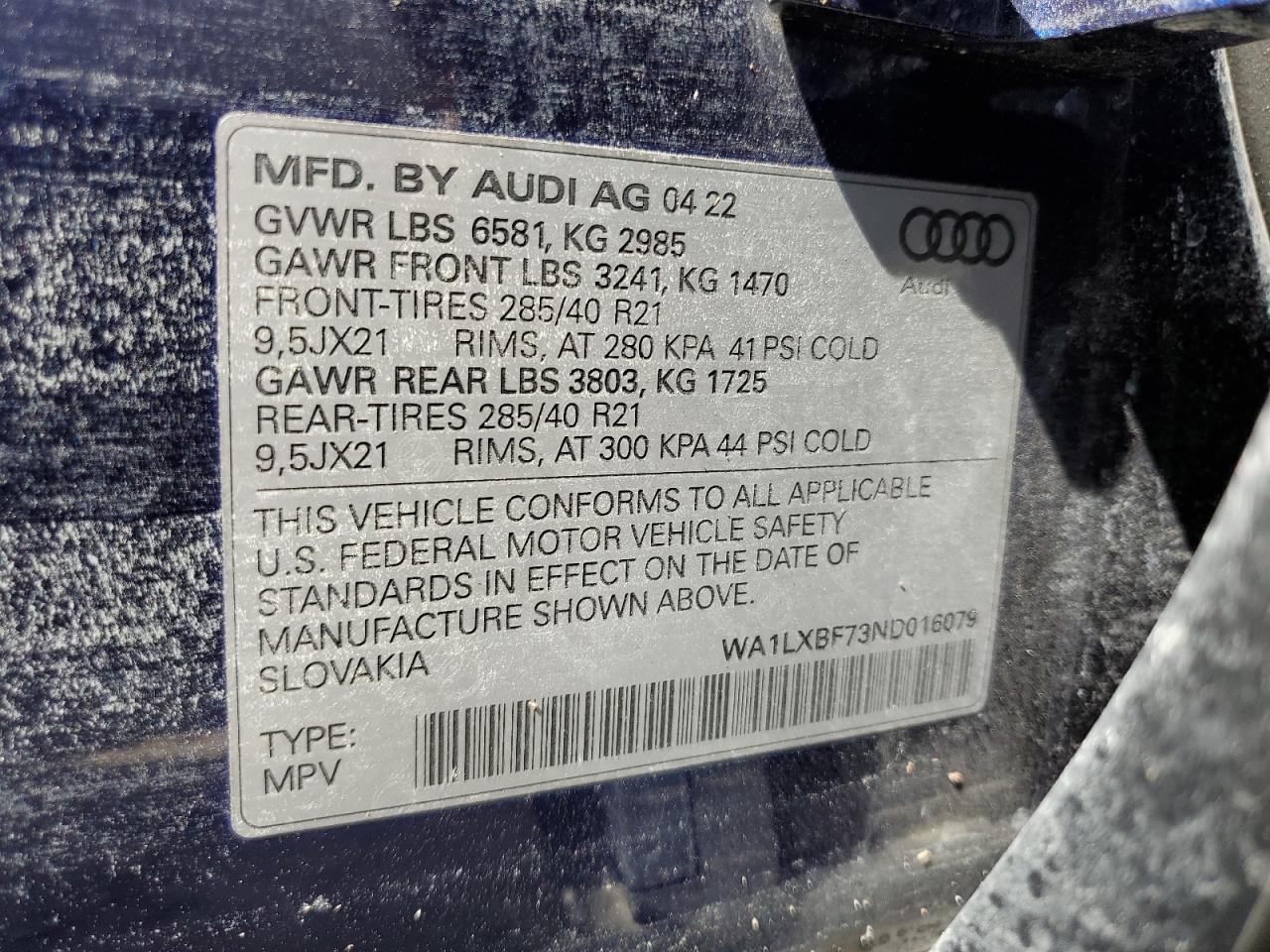 2022 Audi Q7 Premium Plus VIN: WA1LXBF73ND016079 Lot: 75189234