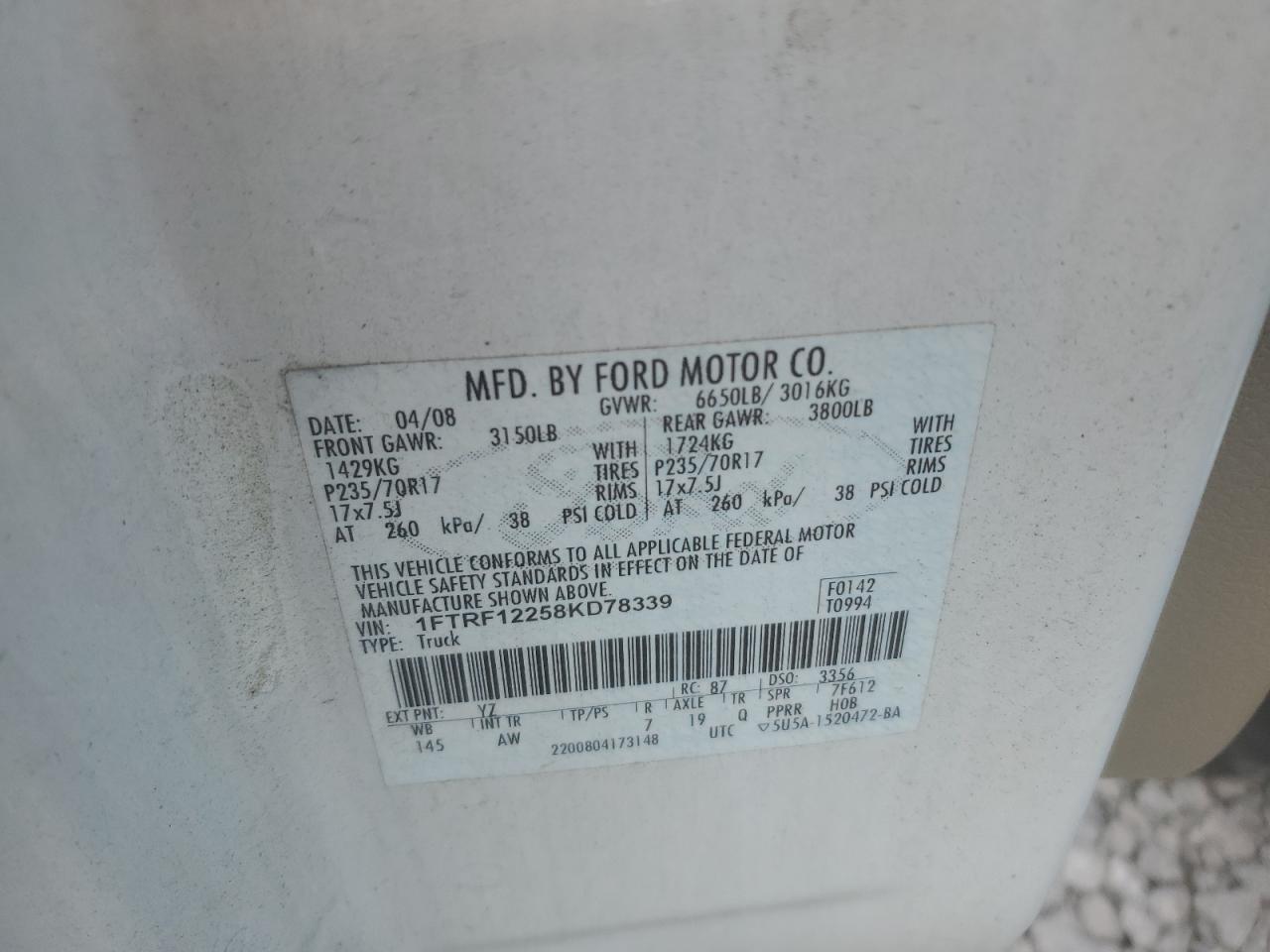 2008 Ford F150 VIN: 1FTRF12258KD78339 Lot: 78133504