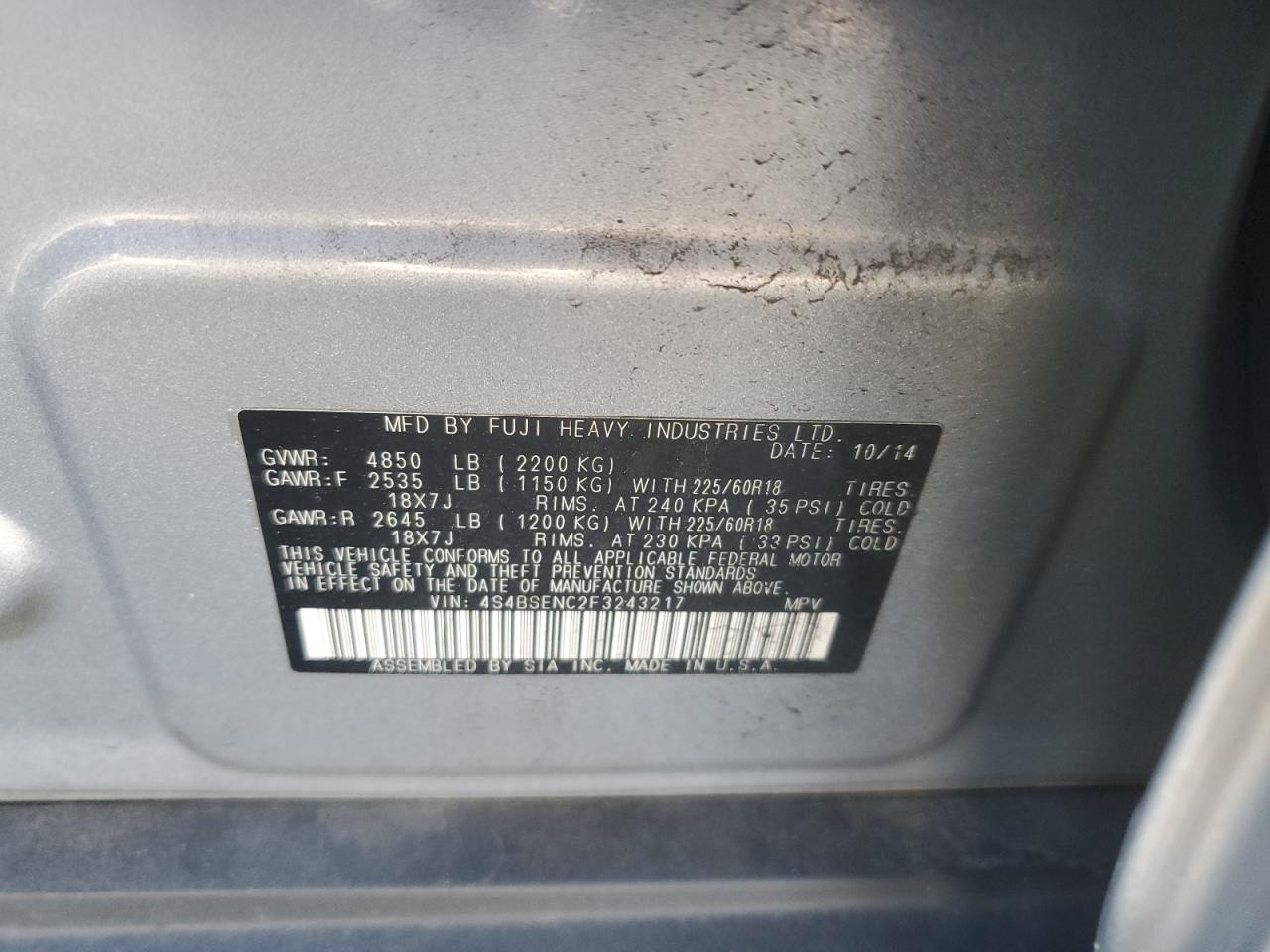 2015 Subaru Outback 3.6R Limited VIN: 4S4BSENC2F3243217 Lot: 75788794