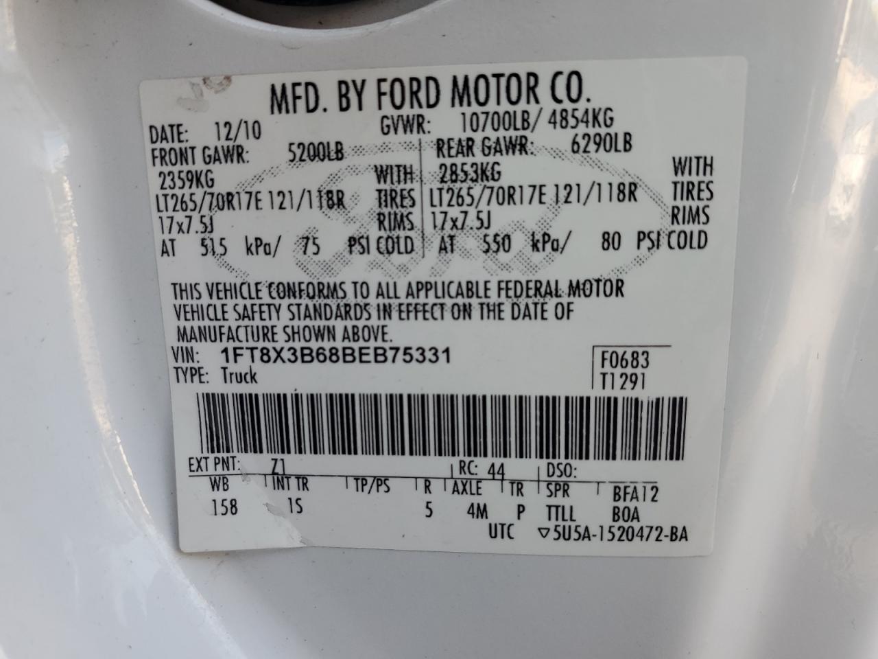 2011 Ford F350 Super Duty VIN: 1FT8X3B68BEB75331 Lot: 73518774