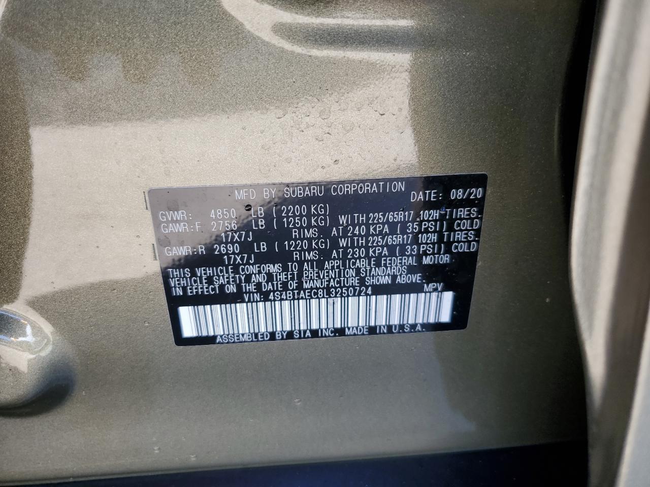 4S4BTAEC8L3250724 2020 Subaru Outback Premium