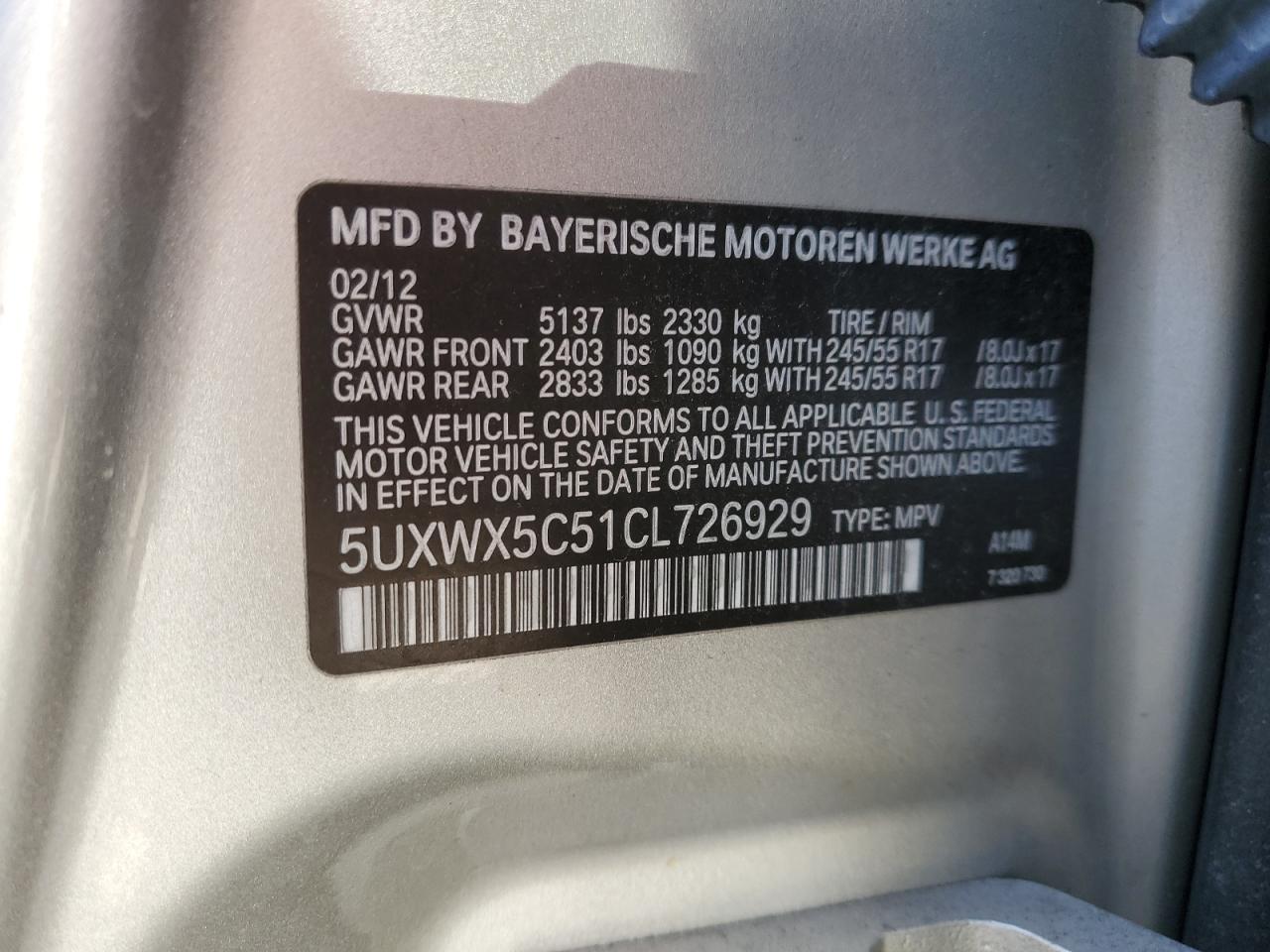 5UXWX5C51CL726929 2012 BMW X3 xDrive28I