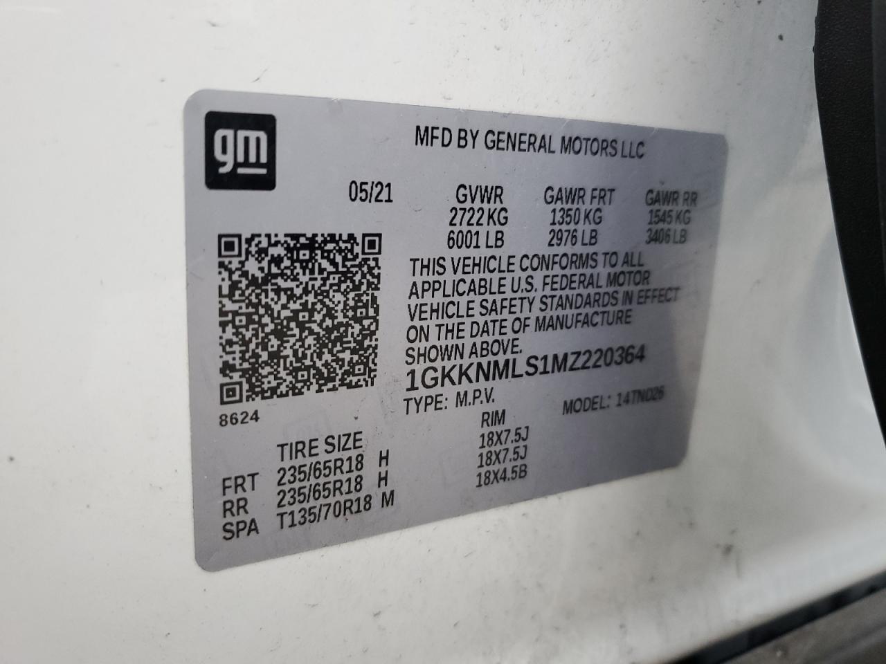 1GKKNMLS1MZ220364 2021 GMC Acadia Slt