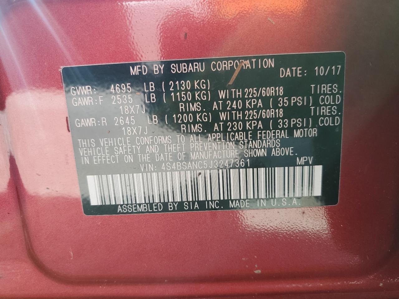 2018 Subaru Outback 2.5I Limited VIN: 4S4BSANC5J3247361 Lot: 75129224