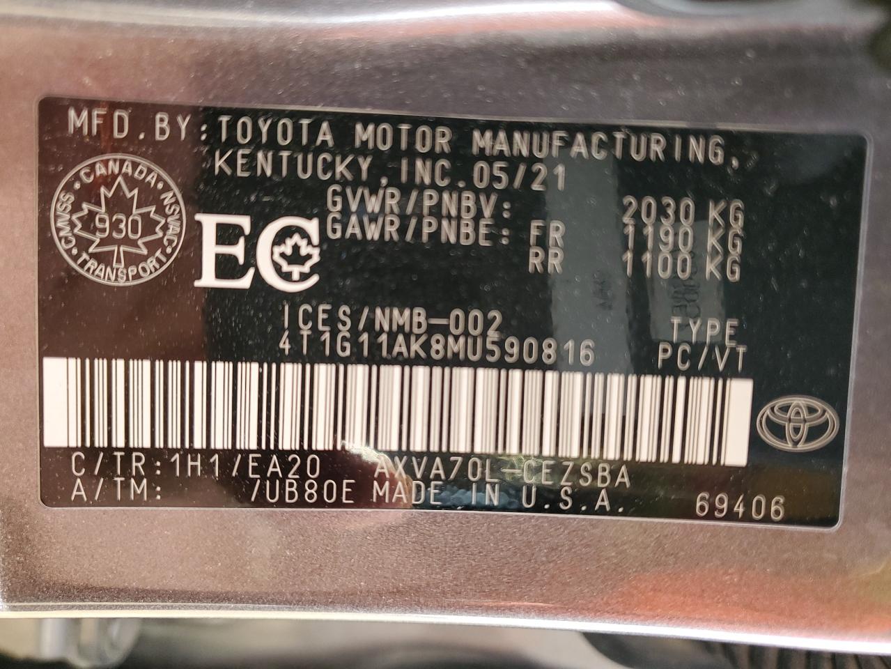 2021 Toyota Camry Se VIN: 4T1G11AK8MU590816 Lot: 74612594