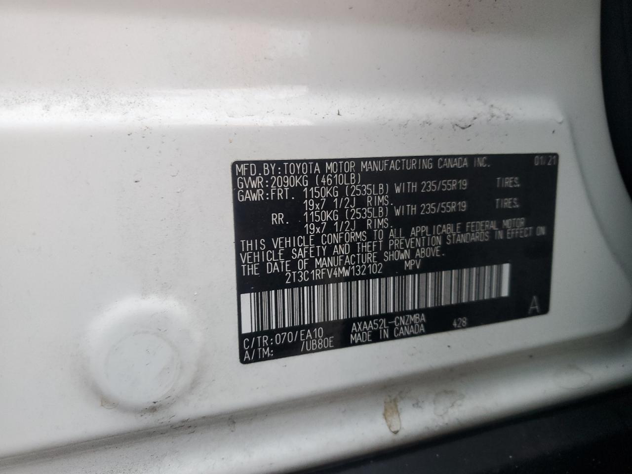 2T3C1RFV4MW132102 2021 Toyota Rav4 Xle Premium