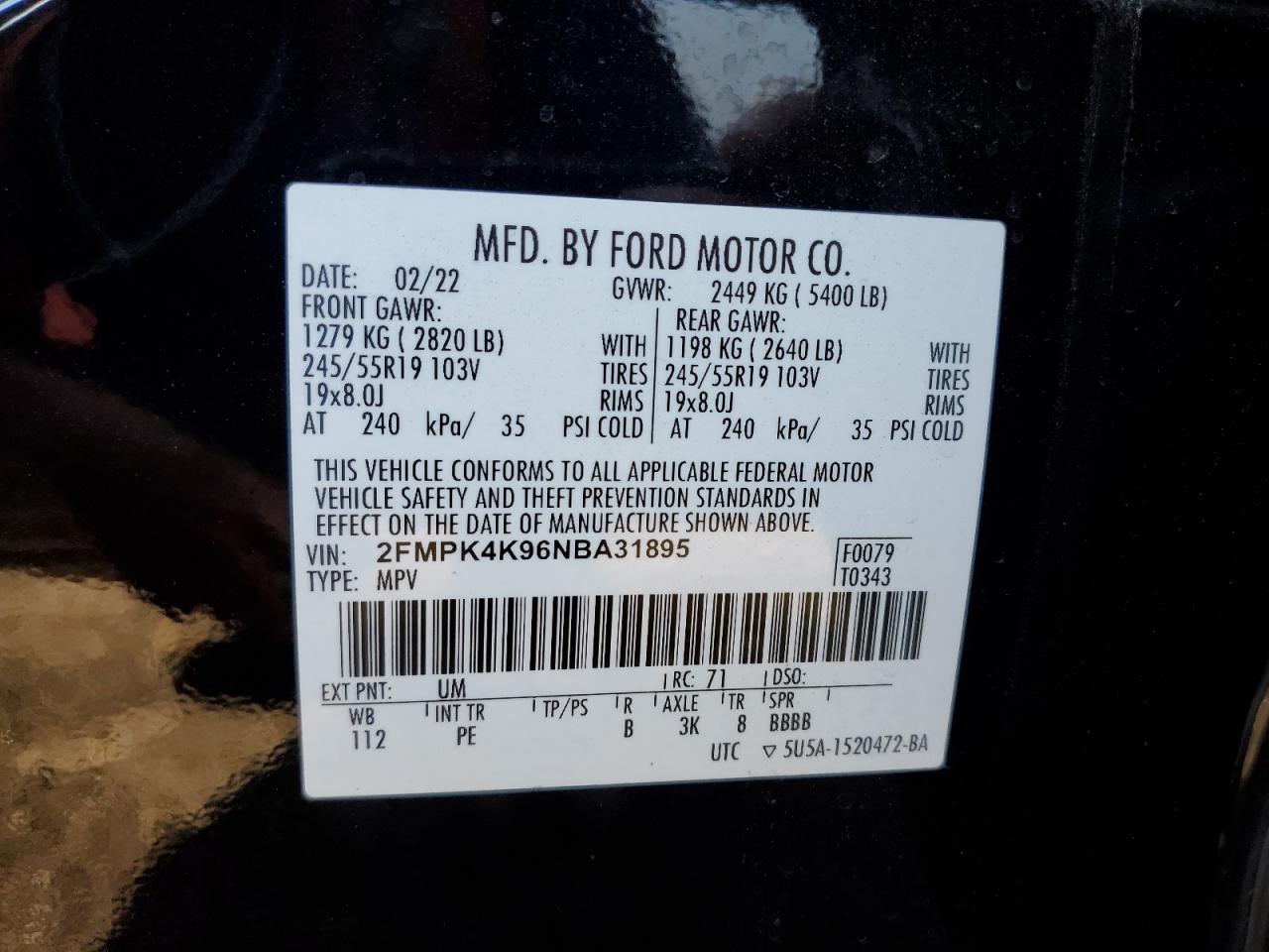 2022 Ford Edge Titanium VIN: 2FMPK4K96NBA31895 Lot: 74512174