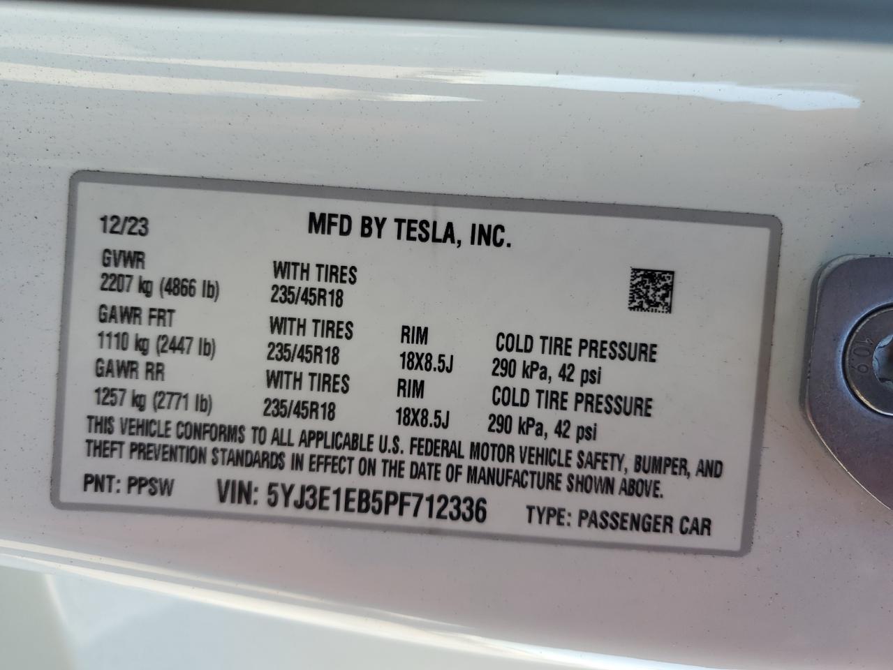 2023 Tesla Model 3 VIN: 5YJ3E1EB5PF712336 Lot: 73439254