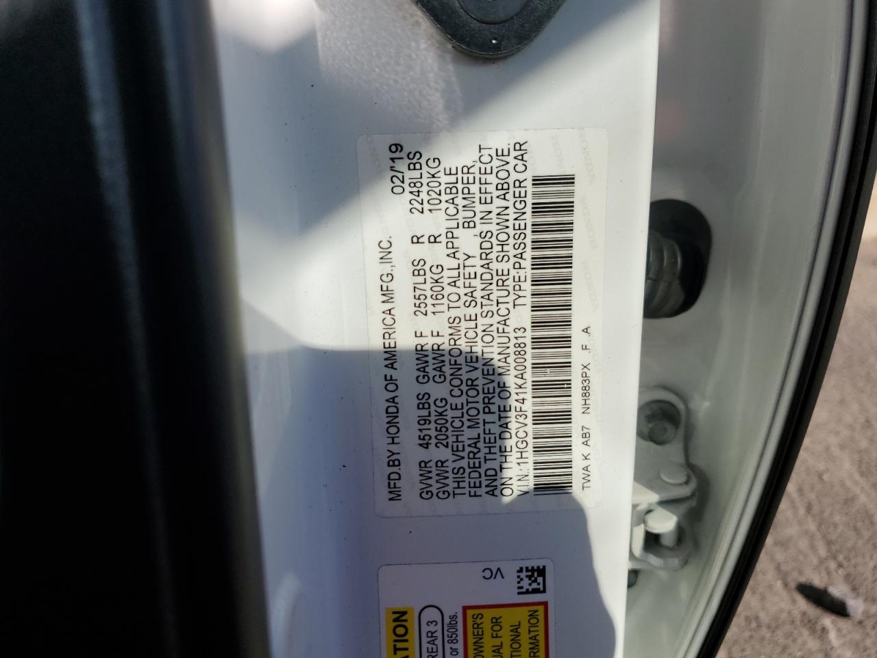 1HGCV3F41KA008813 HONDA ACCORD 2019