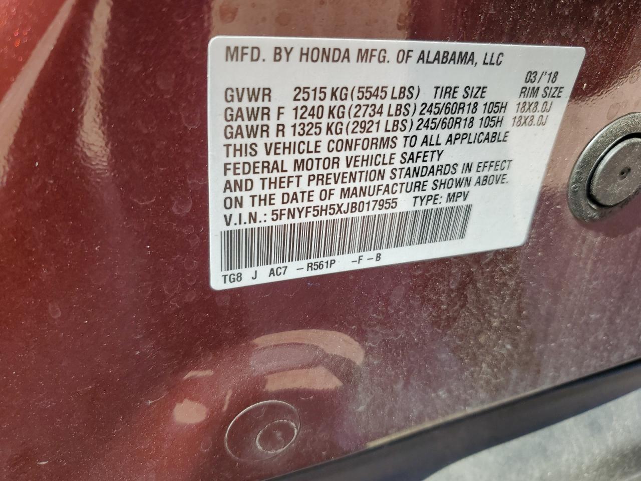 2018 Honda Pilot Exl VIN: 5FNYF5H5XJB017955 Lot: 75606374