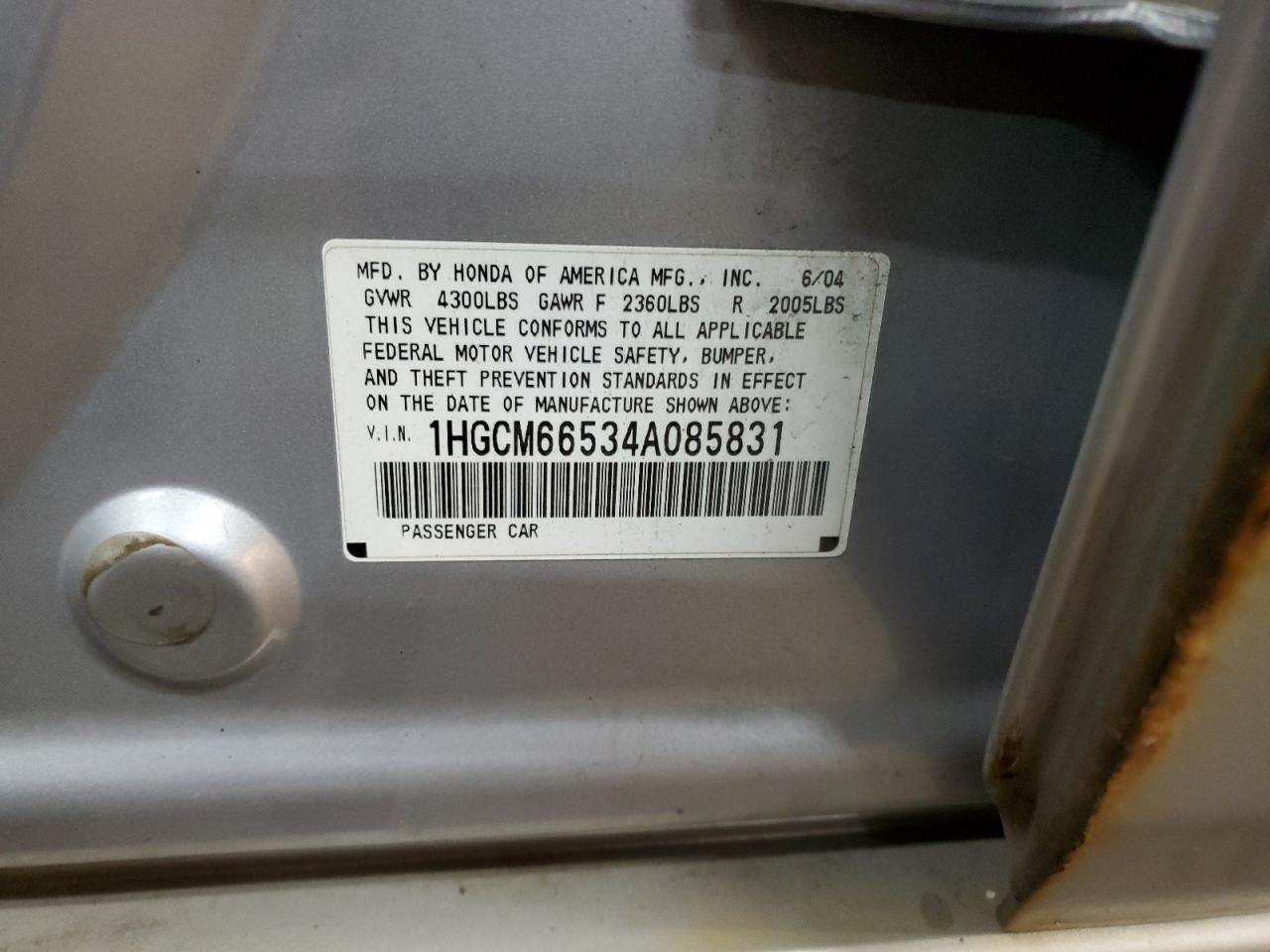 2004 Honda Accord Ex VIN: 1HGCM66534A085831 Lot: 74788384