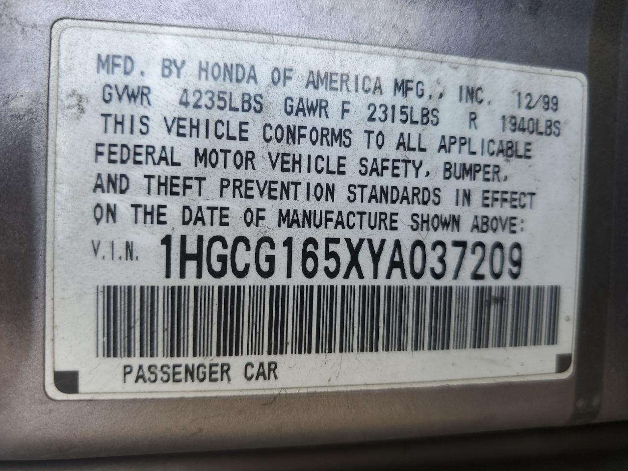 2000 Honda Accord Ex VIN: 1HGCG165XYA037209 Lot: 75139504