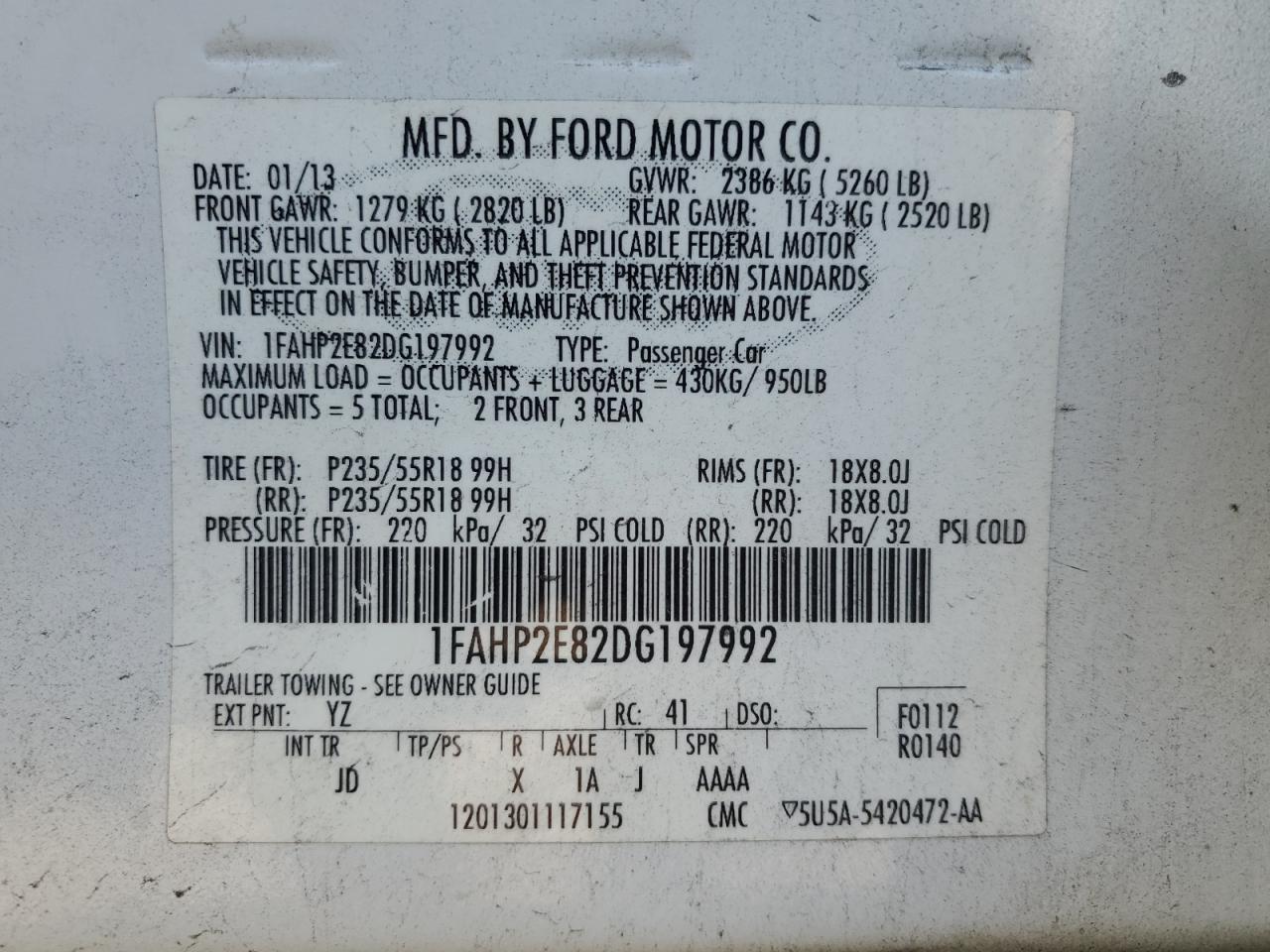 2013 Ford Taurus Sel VIN: 1FAHP2E82DG197992 Lot: 76911514