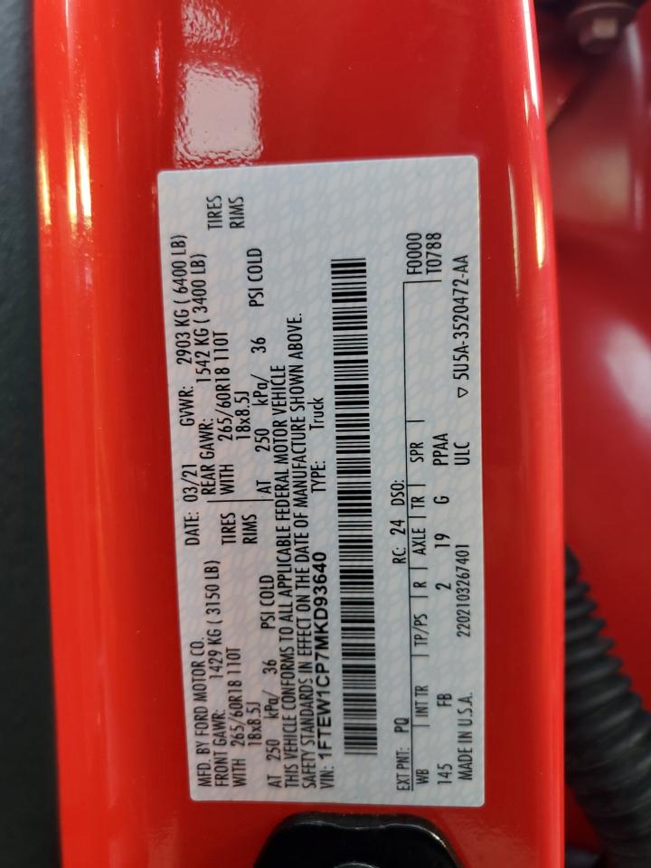 2021 Ford F150 Supercrew VIN: 1FTEW1CP7MKD93640 Lot: 75167044