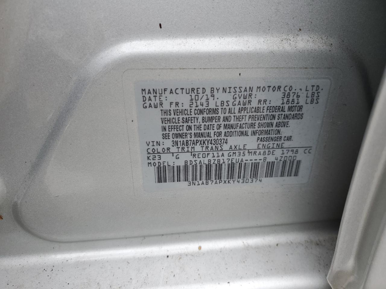 3N1AB7APXKY430374 2019 Nissan Sentra S