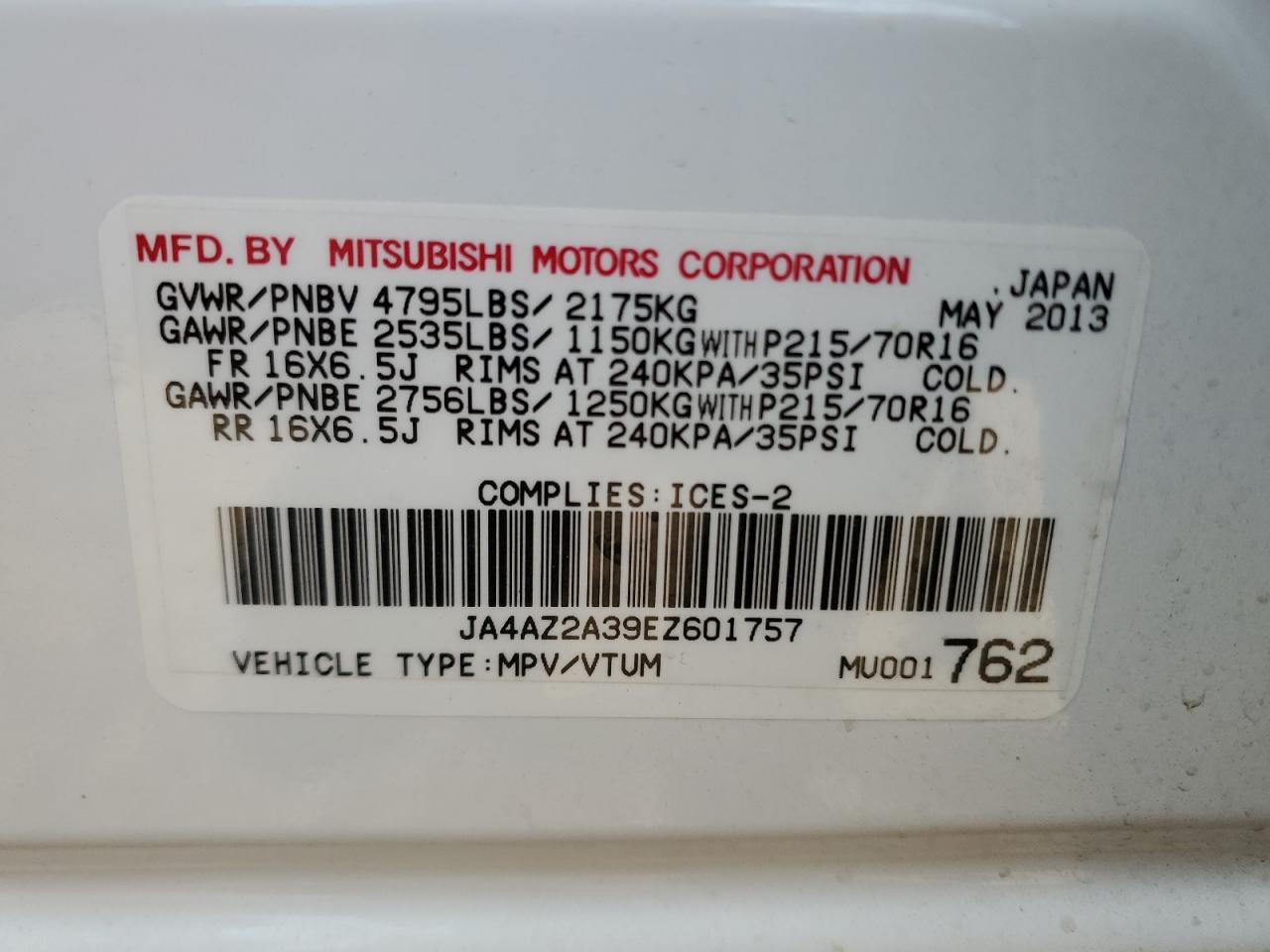 2014 Mitsubishi Outlander Es VIN: JA4AZ2A39EZ601757 Lot: 75881664