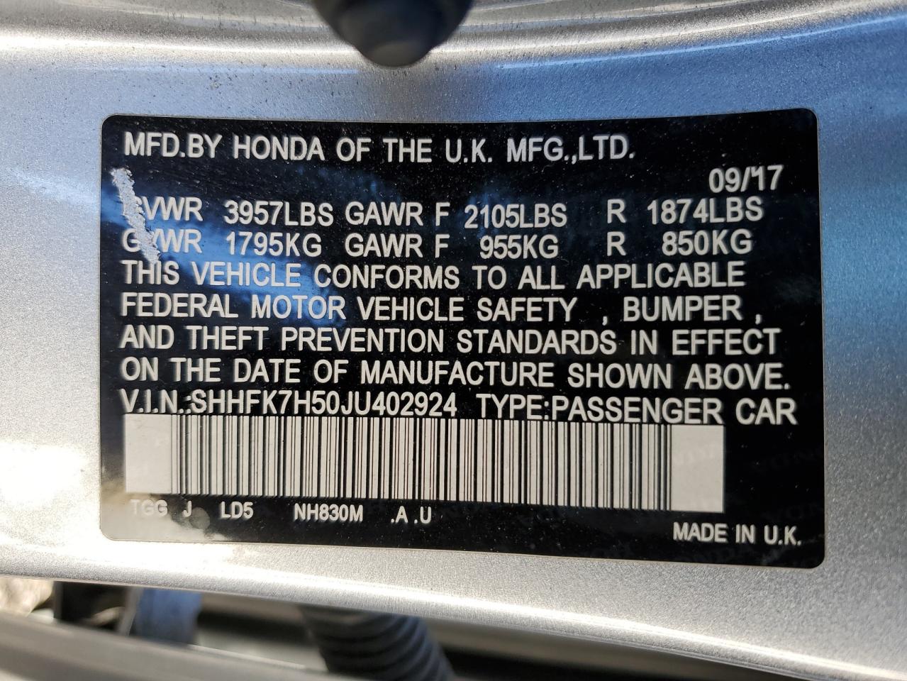 SHHFK7H50JU402924 2018 Honda Civic Ex