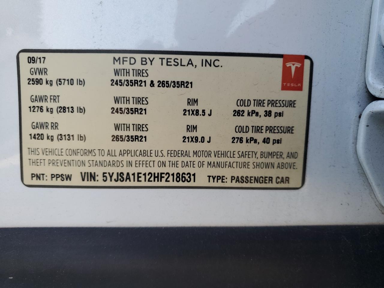 2017 Tesla Model S VIN: 5YJSA1E12HF218631 Lot: 76139414