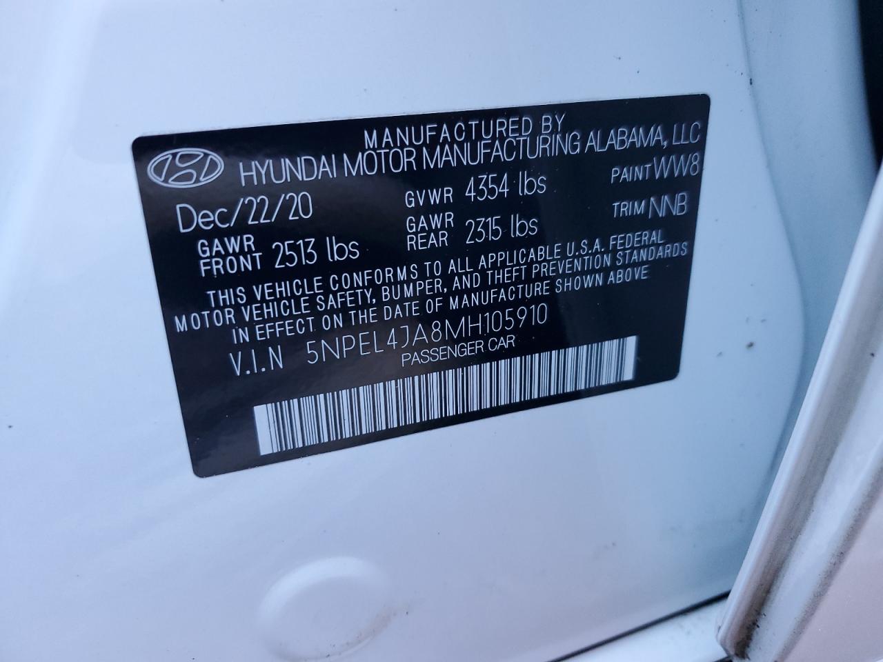 2021 Hyundai Sonata Sel VIN: 5NPEL4JA8MH105910 Lot: 75907864