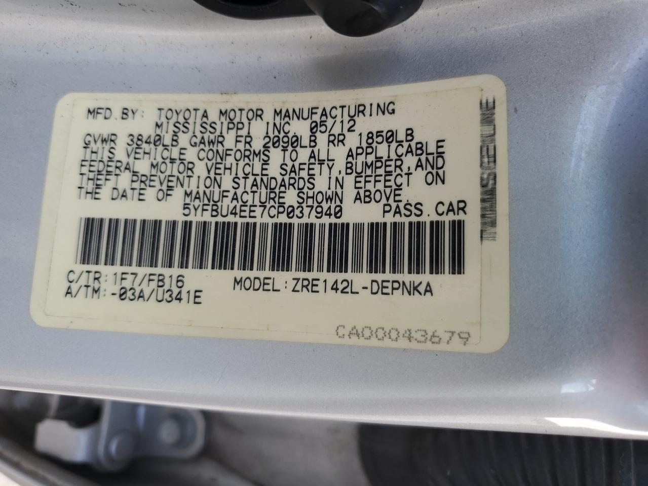 5YFBU4EE7CP037940 2012 Toyota Corolla Base