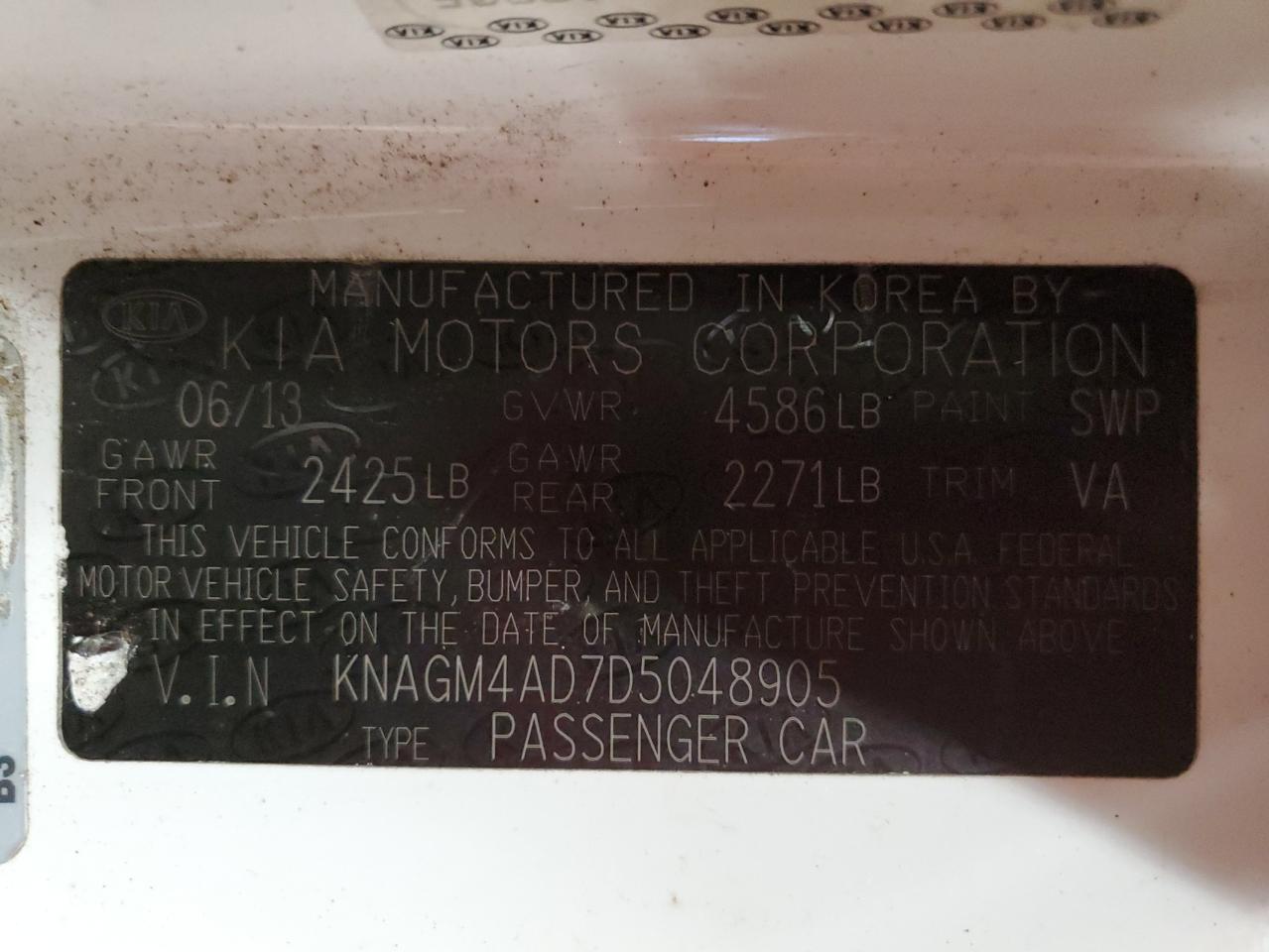 2013 Kia Optima Hybrid VIN: KNAGM4AD7D5048905 Lot: 76755884