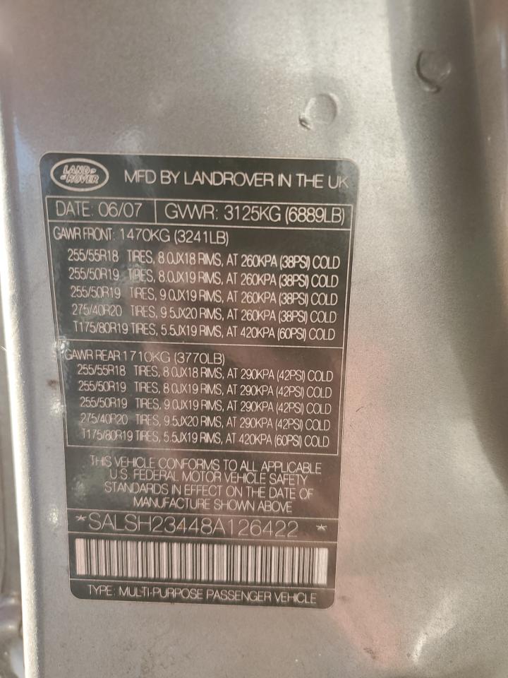 2008 Land Rover Range Rover Sport Supercharged VIN: SALSH23448A126422 Lot: 75342434