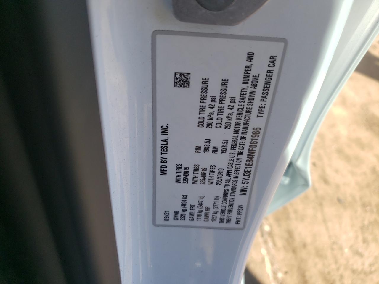 5YJ3E1EB4MF061986 2021 Tesla Model 3