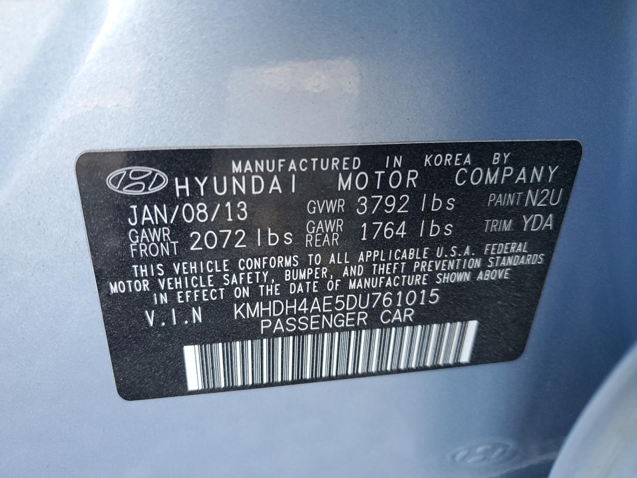 2013 Hyundai Elantra Gls VIN: KMHDH4AE5DU761015 Lot: 76027544