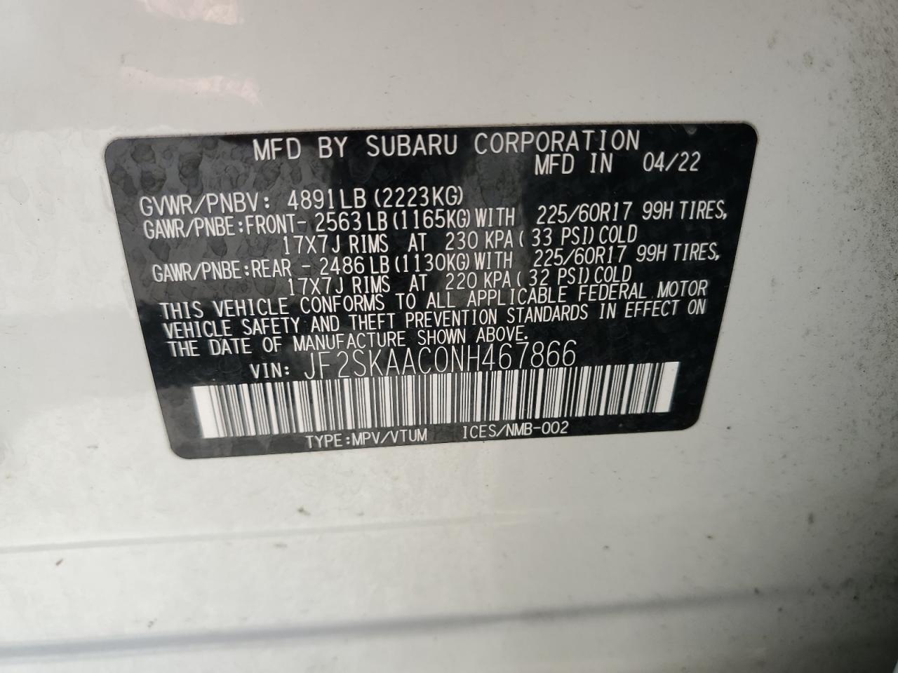 JF2SKAAC0NH467866 2022 Subaru Forester