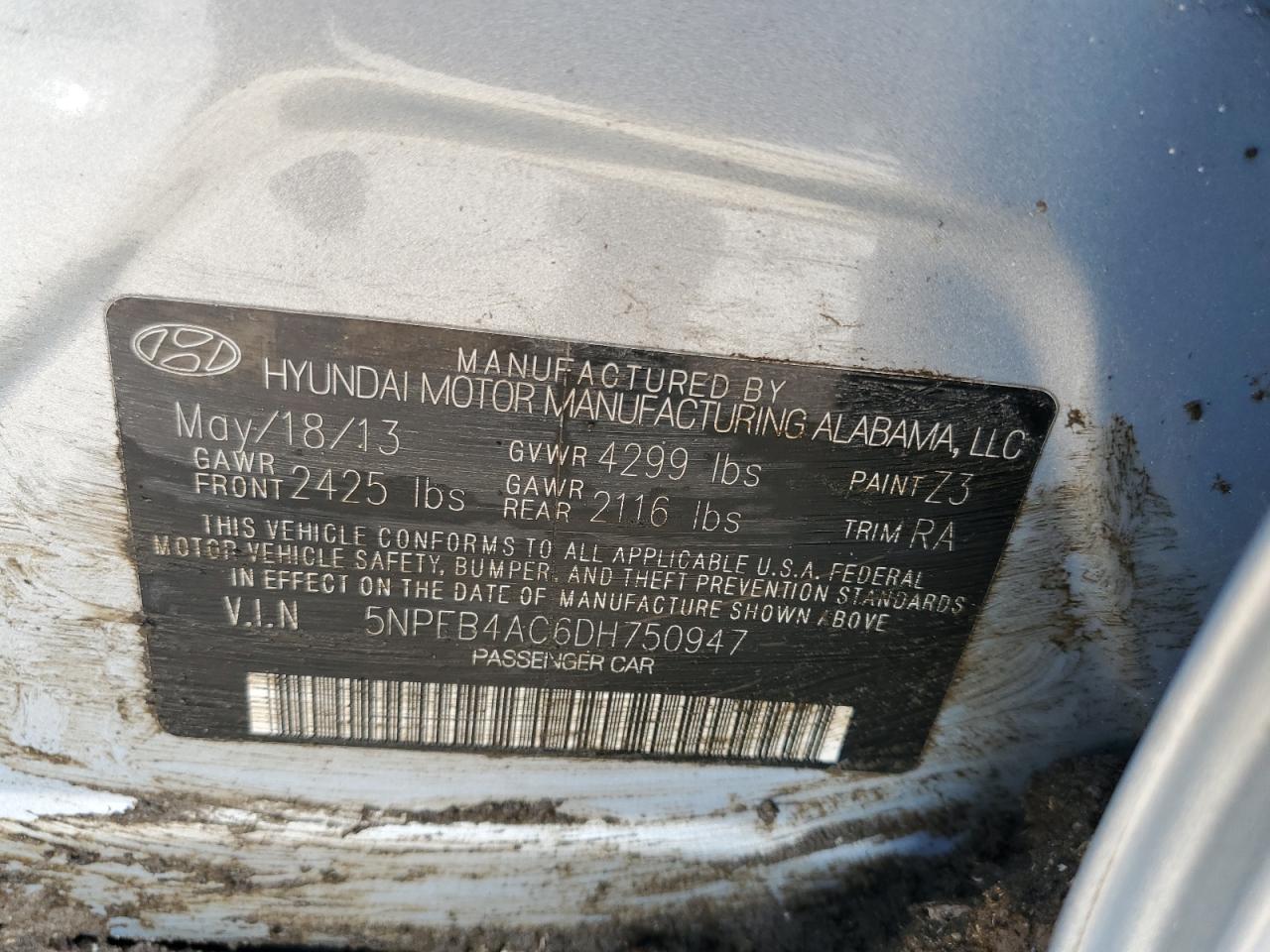 5NPEB4AC6DH750947 2013 Hyundai Sonata Gls