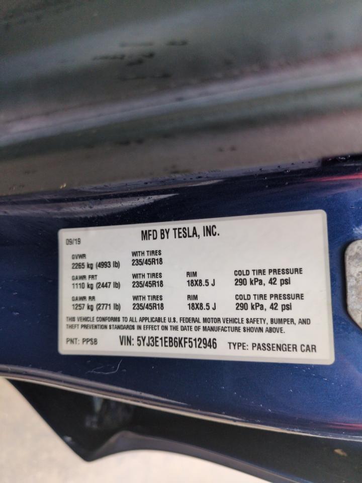 5YJ3E1EB6KF512946 2019 Tesla Model 3