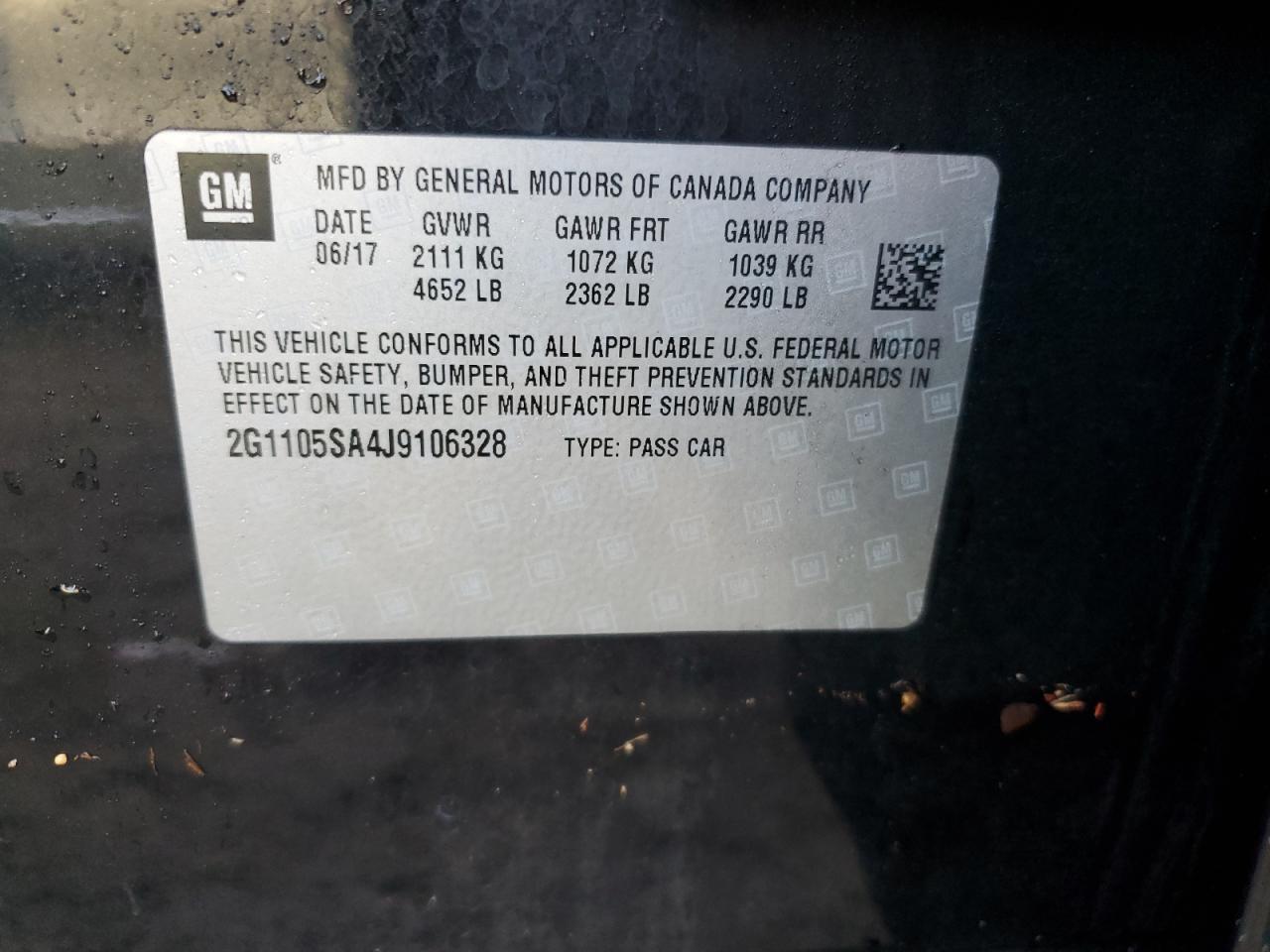 2018 Chevrolet Impala Lt VIN: 2G1105SA4J9106328 Lot: 74258984