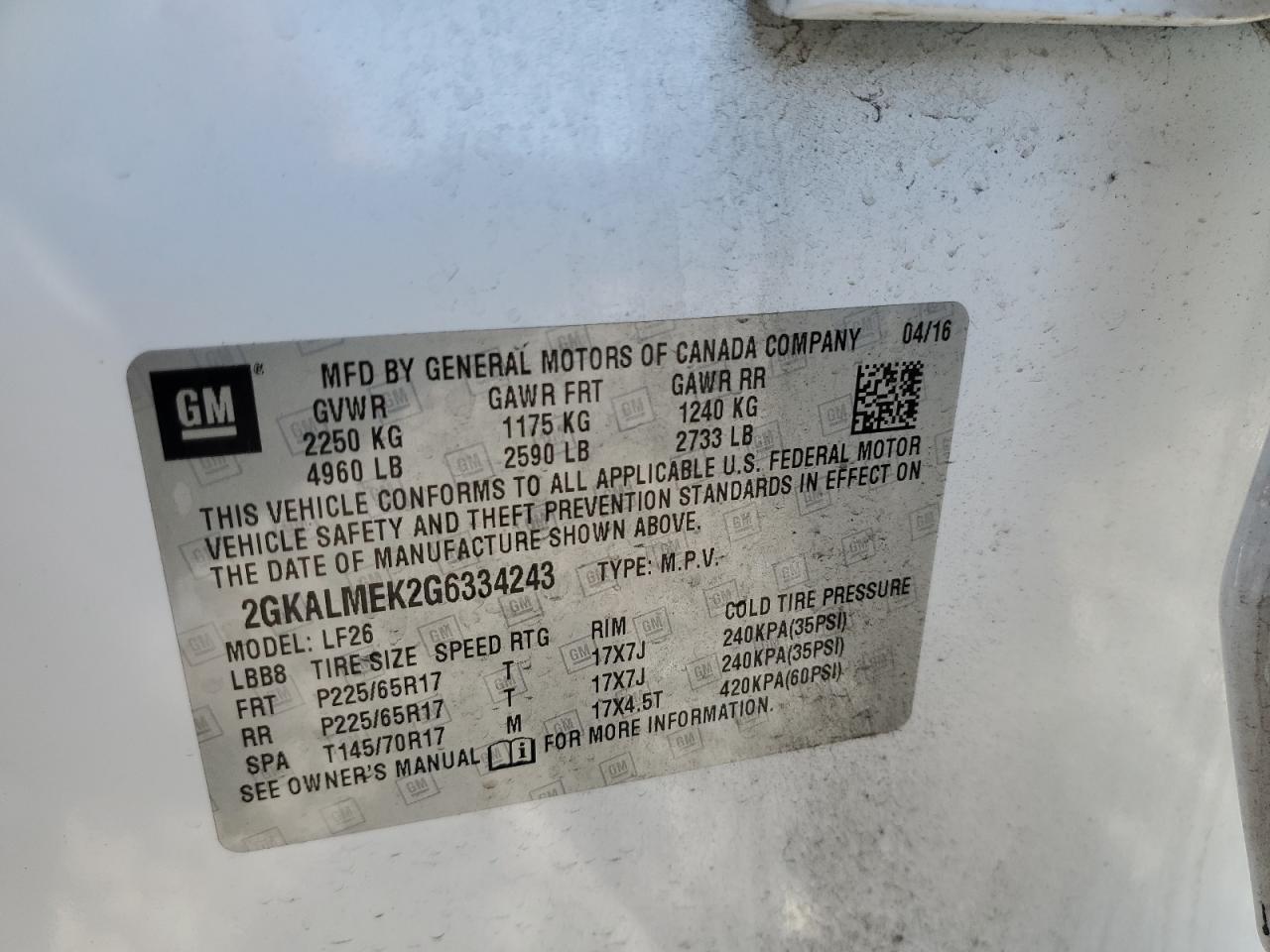 2GKALMEK2G6334243 2016 GMC Terrain Sle