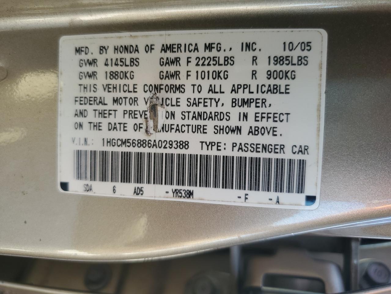 1HGCM56886A029388 2006 Honda Accord Ex