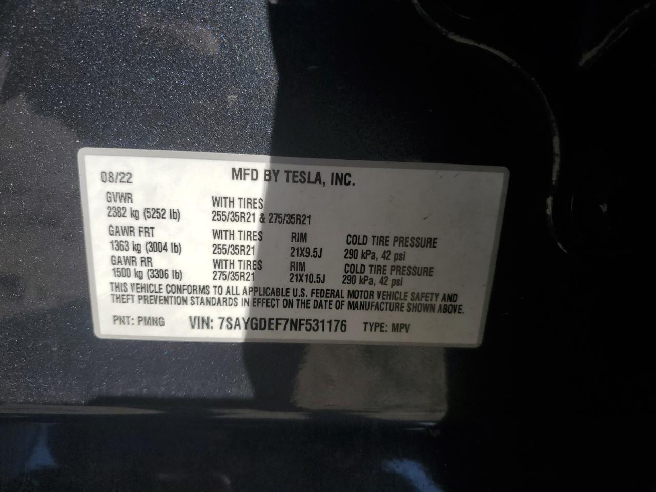 7SAYGDEF7NF531176 2022 Tesla Model Y