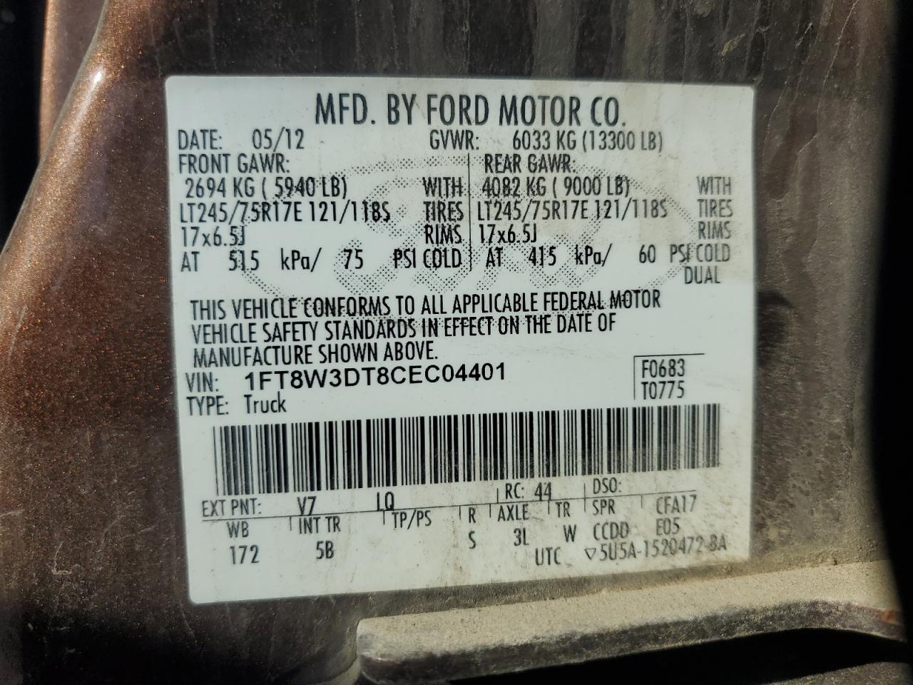 2012 Ford F350 Super Duty VIN: 1FT8W3DT8CEC04401 Lot: 76751704