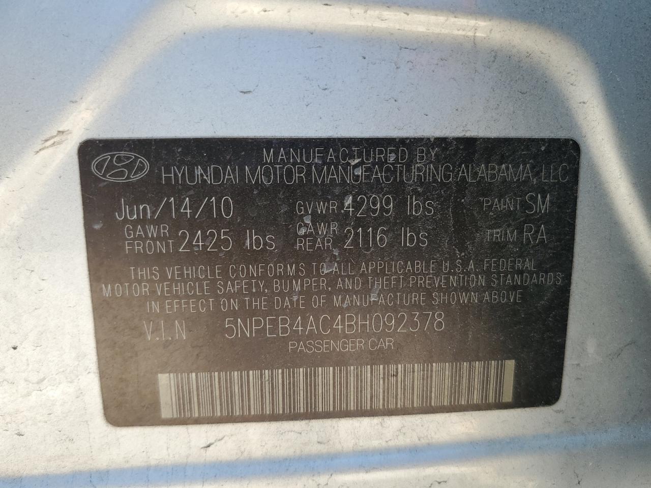 5NPEB4AC4BH092378 2011 Hyundai Sonata Gls