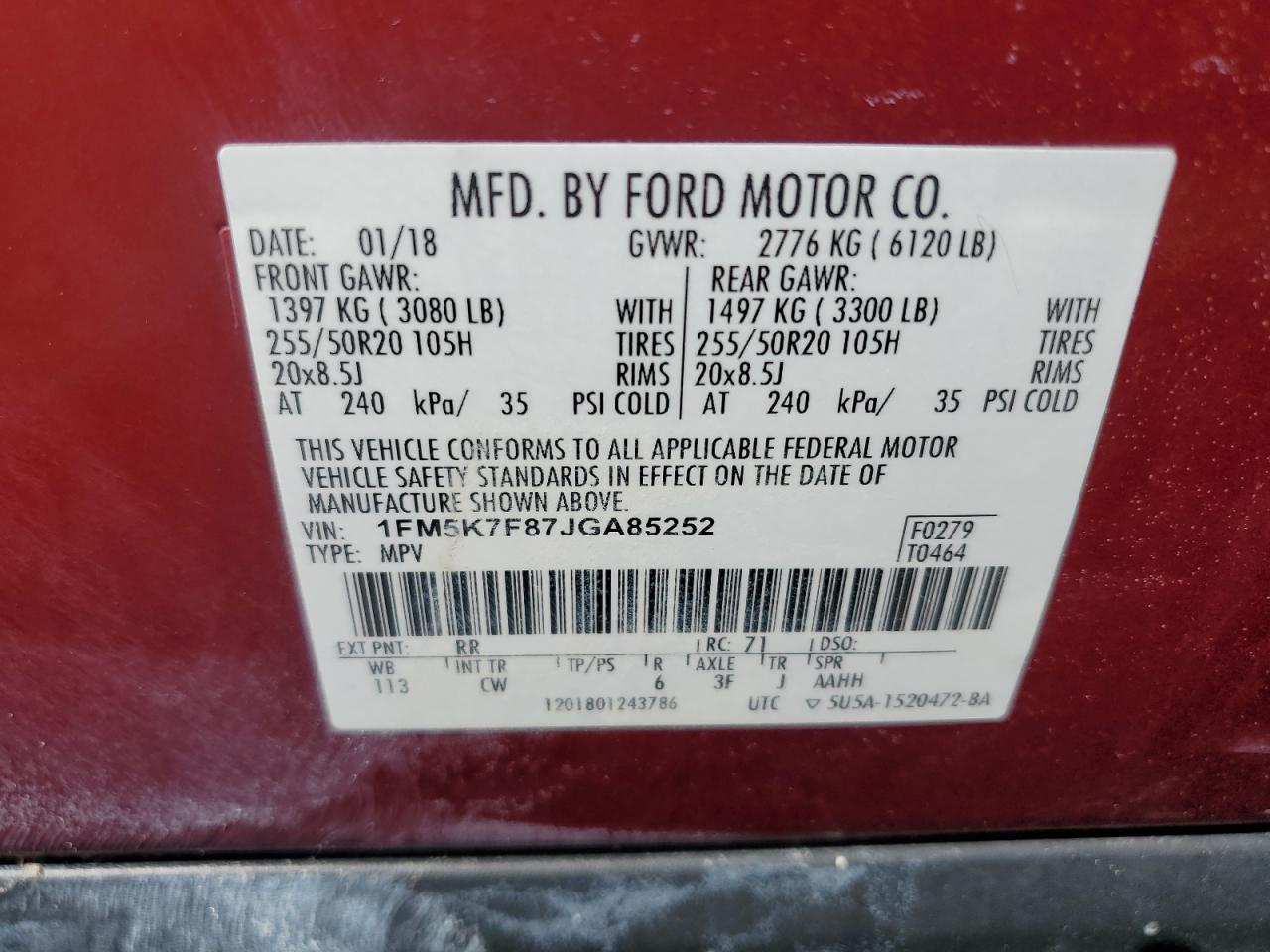 1FM5K7F87JGA85252 2018 Ford Explorer Limited
