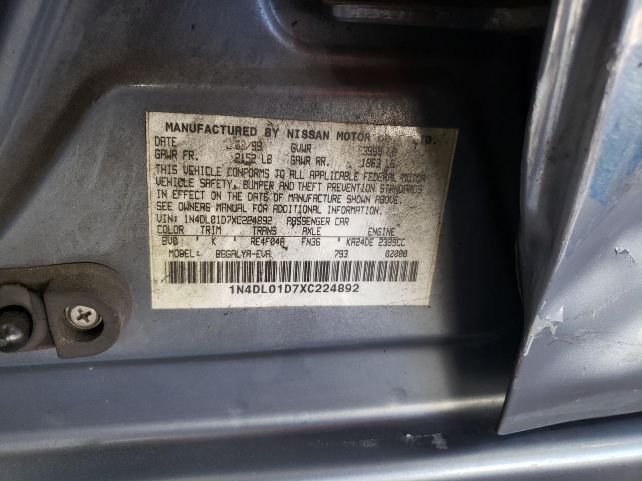 1999 Nissan Altima Xe VIN: 1N4DL01D7XC224892 Lot: 76010084