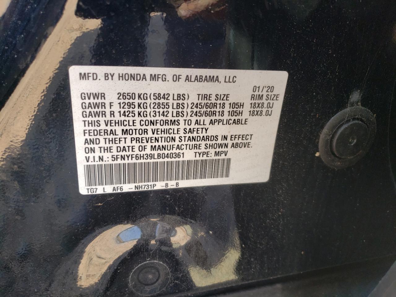 5FNYF6H39LB040361 HONDA PILOT 2020
