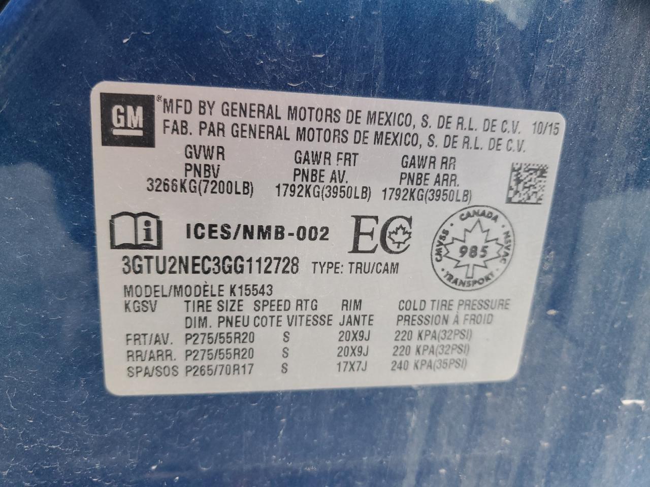 3GTU2NEC3GG112728 2016 GMC Sierra K1500 Slt