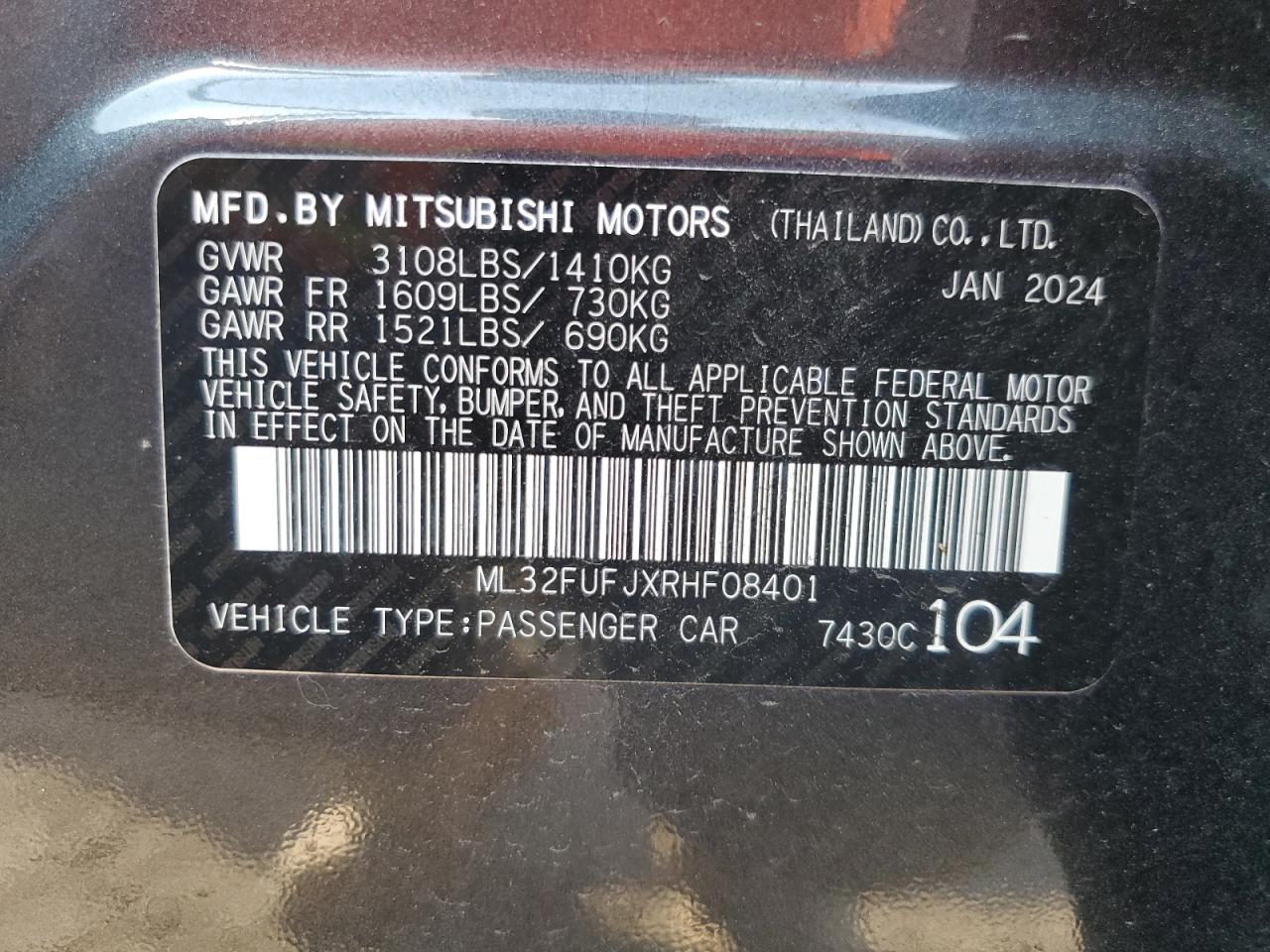 2024 Mitsubishi Mirage G4 Es VIN: ML32FUFJXRHF08401 Lot: 74809094