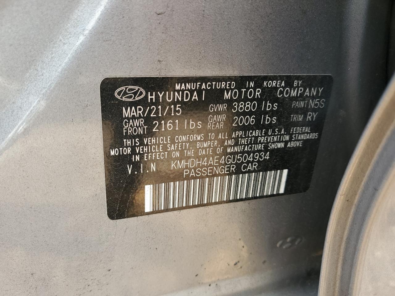 KMHDH4AE4GU504934 2016 Hyundai Elantra Se