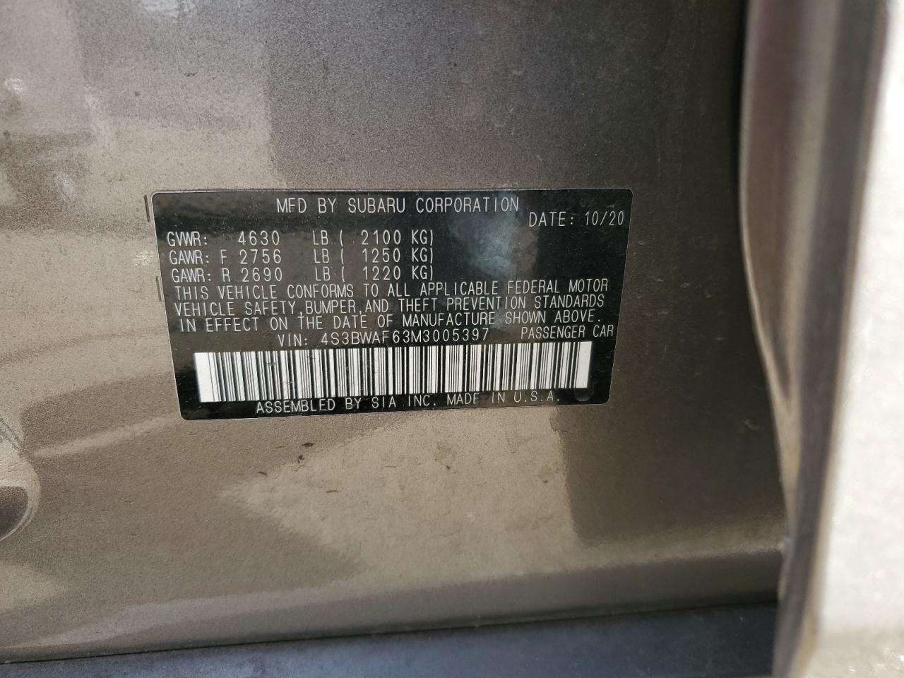 2021 Subaru Legacy Premium VIN: 4S3BWAF63M3005397 Lot: 77991744