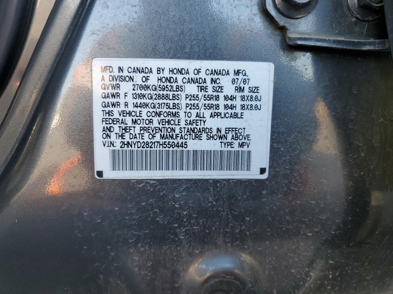 2007 Acura Mdx VIN: 2HNYD28217H550445 Lot: 72746044