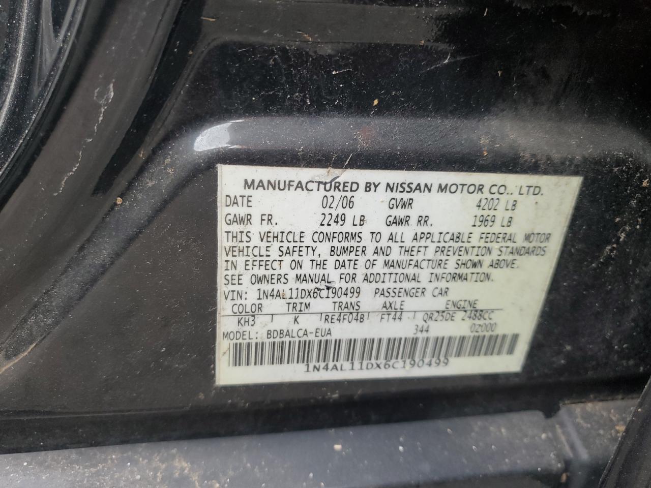 1N4AL11DX6C190499 2006 Nissan Altima S