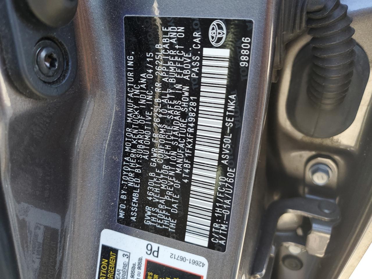 4T4BF1FKXFR498281 2015 Toyota Camry Le